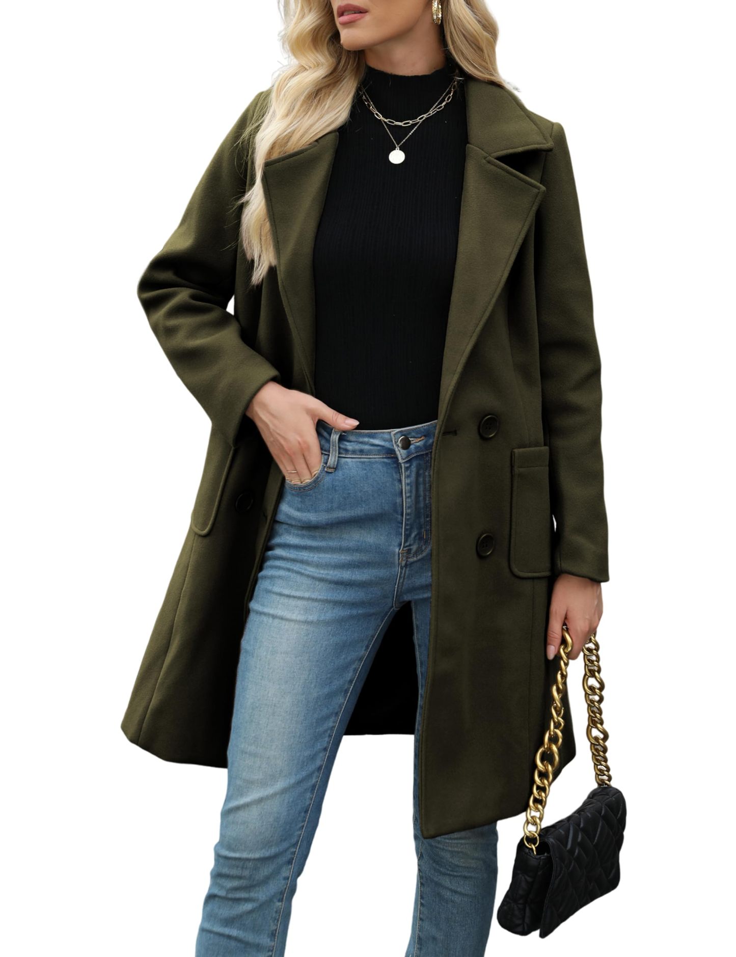 Women Winter Wool Blend Camel Mid-Long Coat Notch Double-Breasted Lapel Jacket Outwear