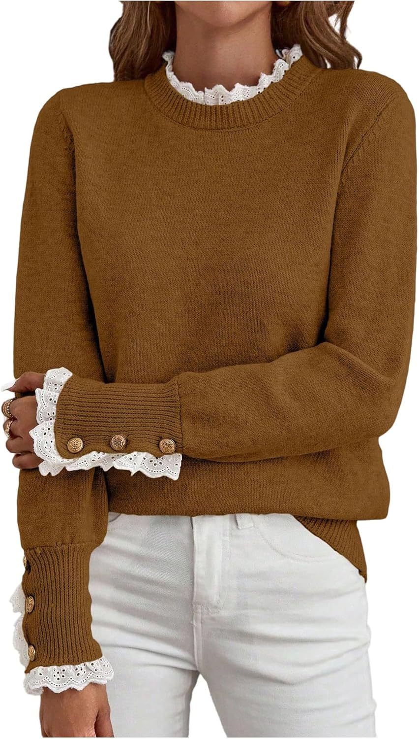 Women's Lace Peplum Mock Neck Sweater Soft Cozy Fall Pullover Top (BUY 2 FREE SHIPPING)