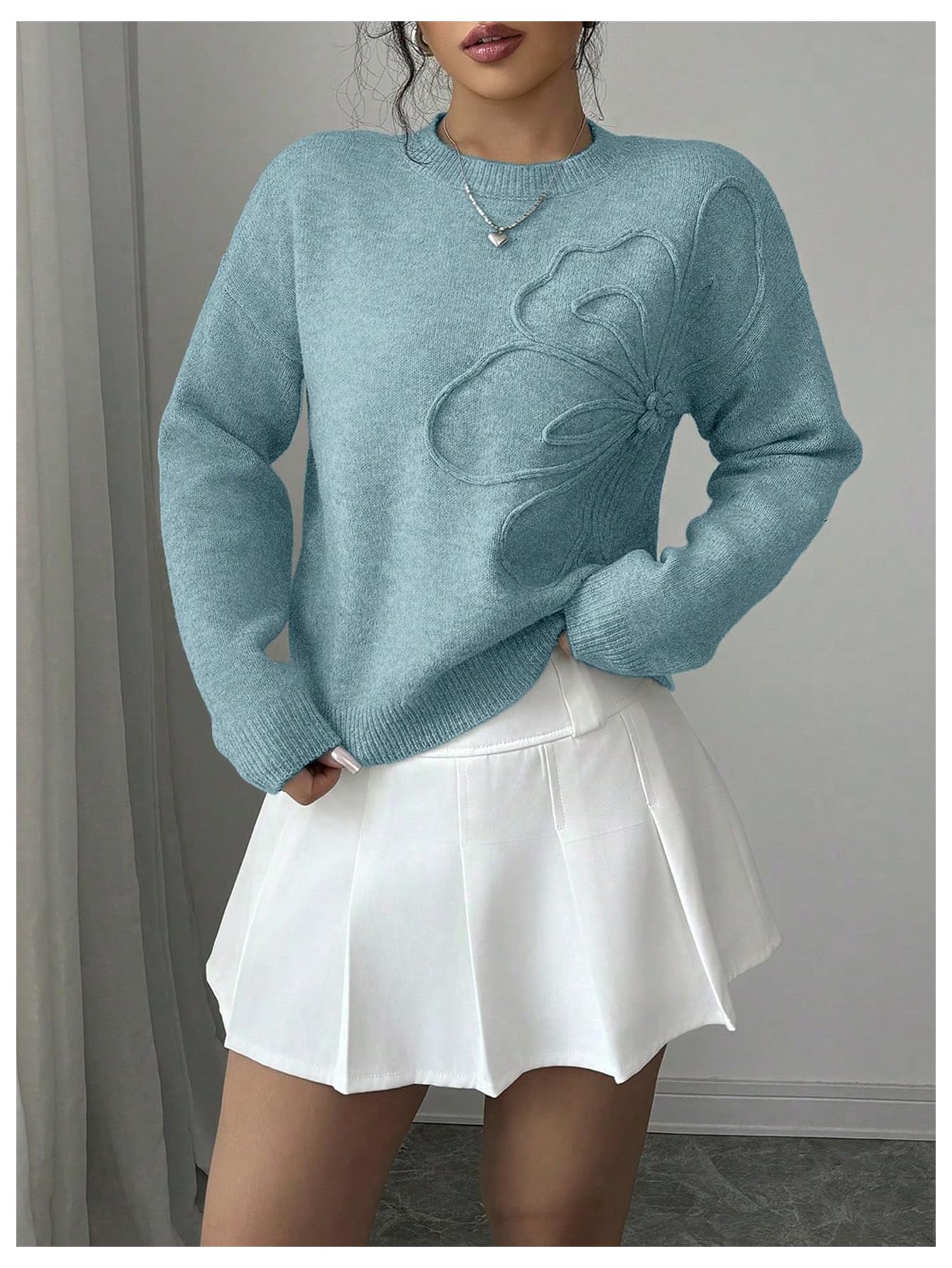 Women's 3D Floral Appliques Crewneck Sweaters Long Sleeve Drop Shoulder Pullovers