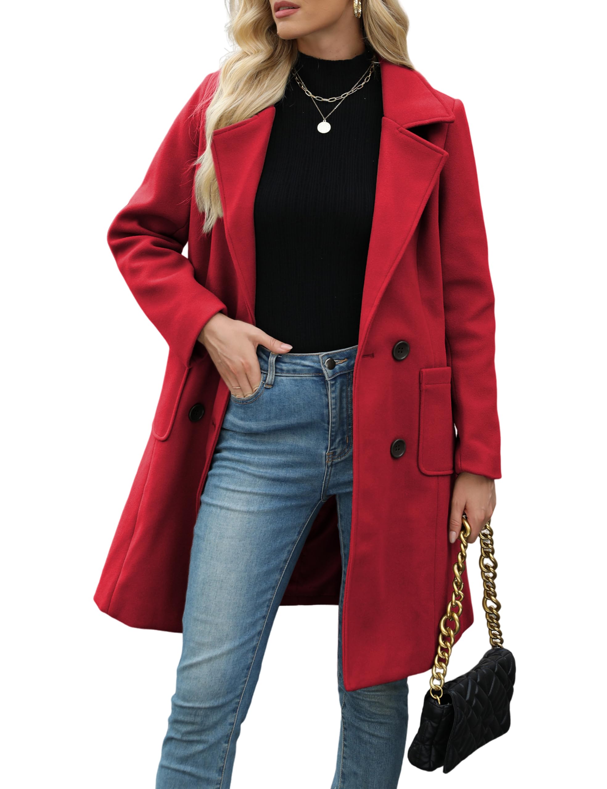 Women Winter Wool Blend Camel Mid-Long Coat Notch Double-Breasted Lapel Jacket Outwear