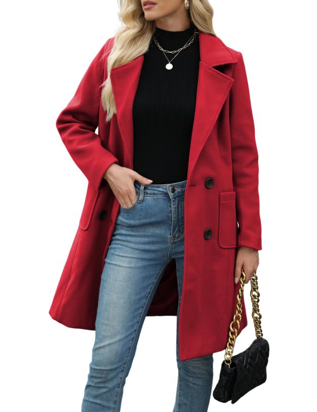 Women Winter Wool Blend Camel Mid-Long Coat Notch Double-Breasted Lapel Jacket Outwear