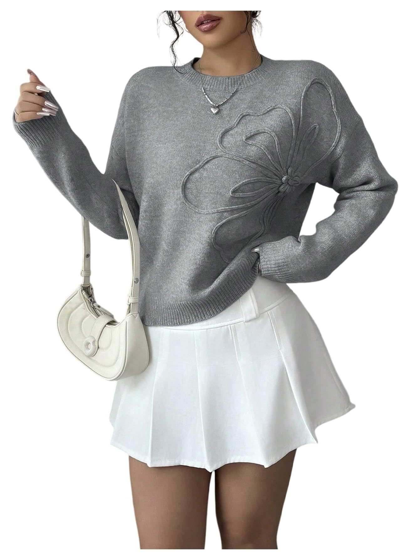 Women's 3D Floral Appliques Crewneck Sweaters Long Sleeve Drop Shoulder Pullovers