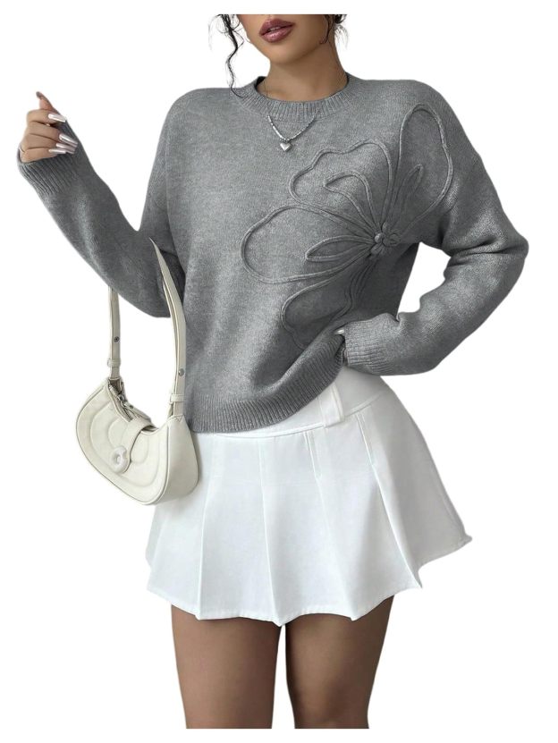 Women's 3D Floral Appliques Crewneck Sweaters Long Sleeve Drop Shoulder Pullovers