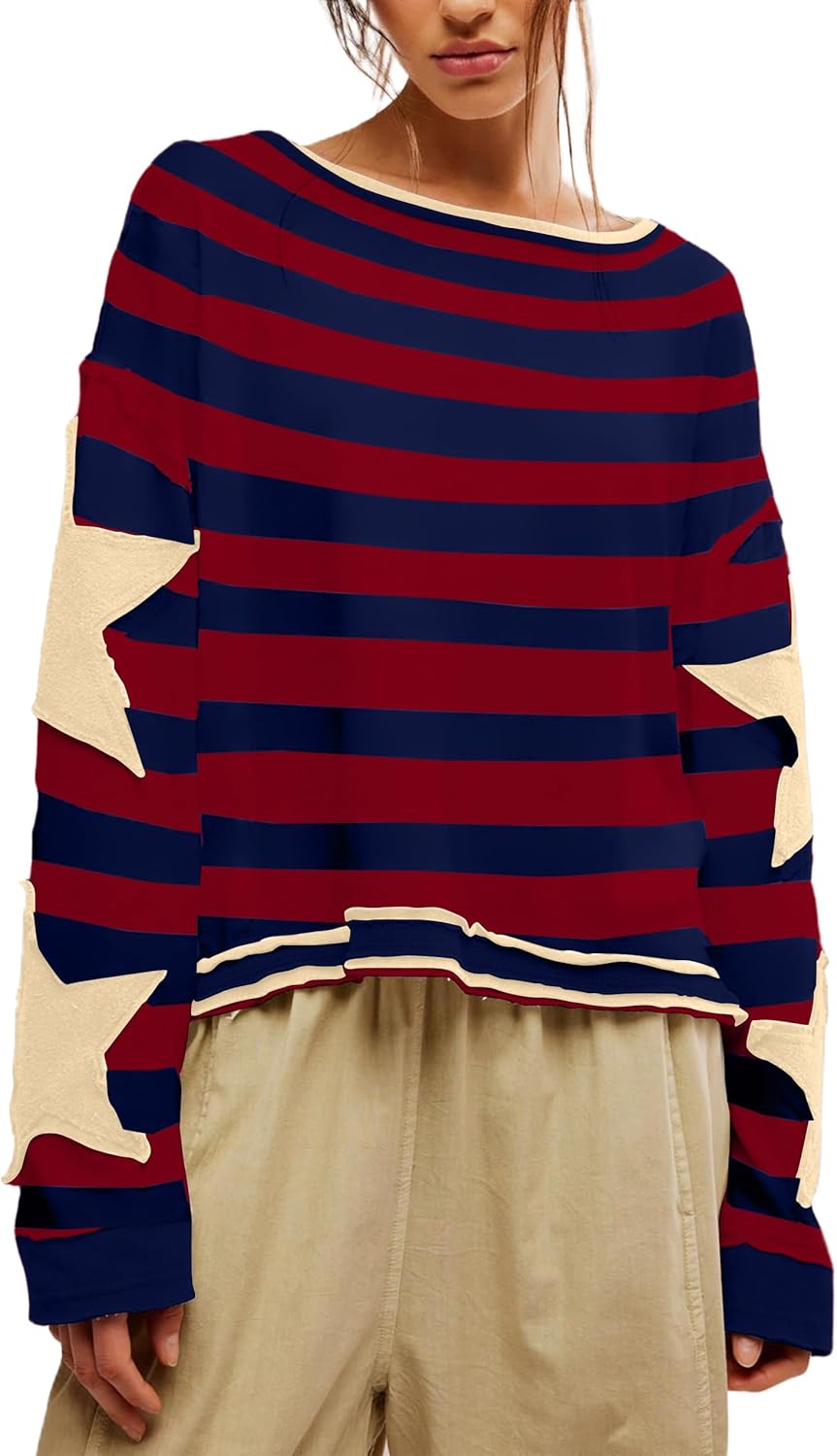 Women's Oversized Star Sweatshirt Long Sleeve Y2k Shirt Drop Shoulder Vintage Graphic Crewneck Jacket