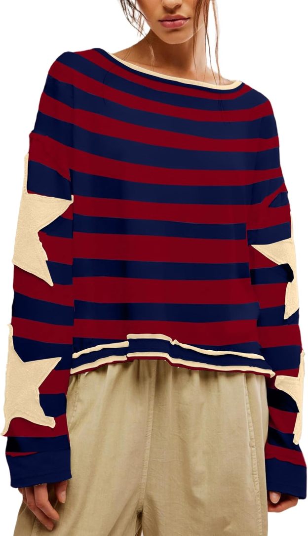 Women's Oversized Star Sweatshirt Long Sleeve Y2k Shirt Drop Shoulder Vintage Graphic Crewneck Jacket