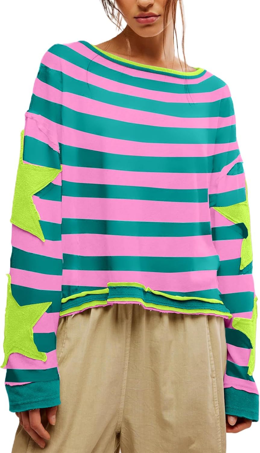 Women's Oversized Star Sweatshirt Long Sleeve Y2k Shirt Drop Shoulder Vintage Graphic Crewneck Jacket