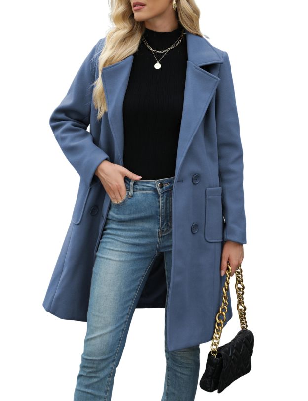 Women Winter Wool Blend Camel Mid-Long Coat Notch Double-Breasted Lapel Jacket Outwear