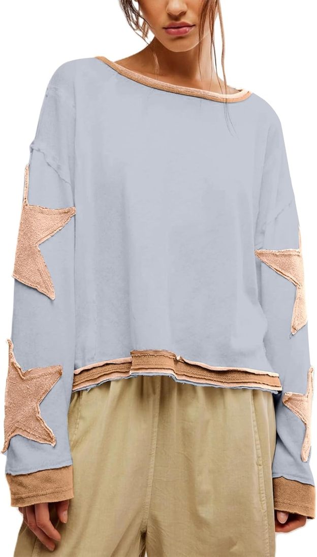 Women's Oversized Star Sweatshirt Long Sleeve Y2k Shirt Drop Shoulder Vintage Graphic Crewneck Jacket