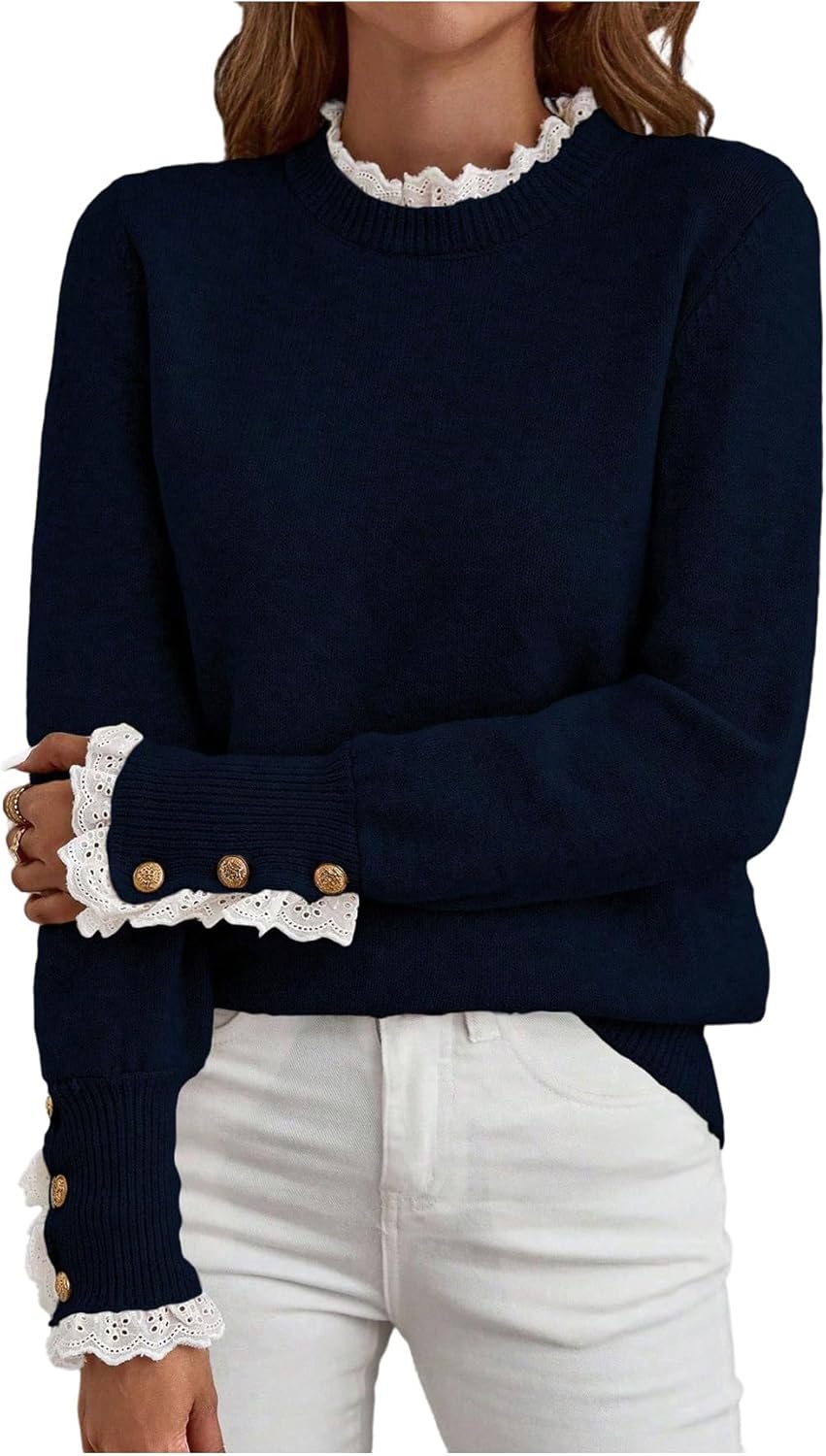 Women's Lace Peplum Mock Neck Sweater Soft Cozy Fall Pullover Top (BUY 2 FREE SHIPPING)