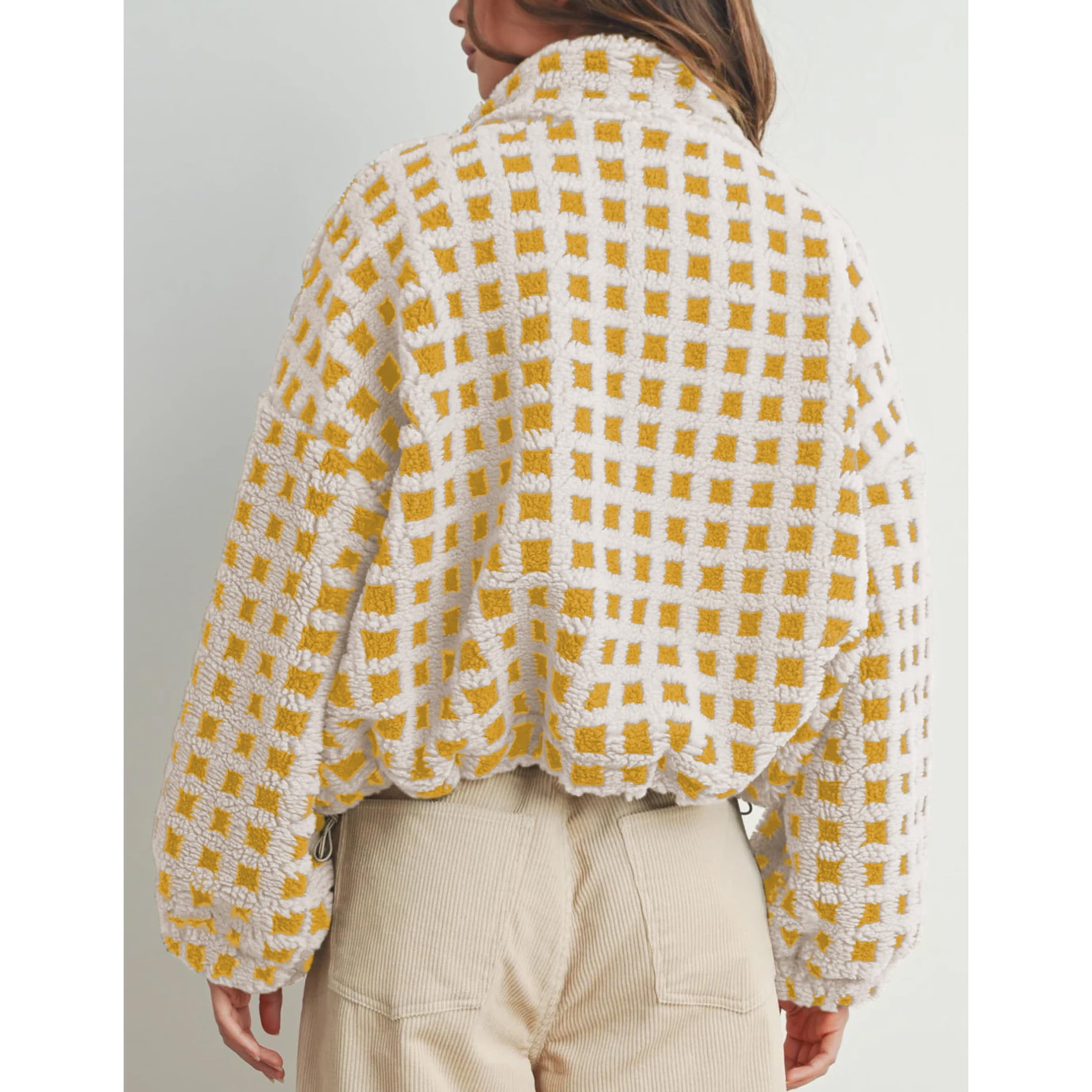 Women's Sherpa Checkered Fleece Jacket Long Sleeve Coat Warm Zip Up Plaid Outwear with Pocket