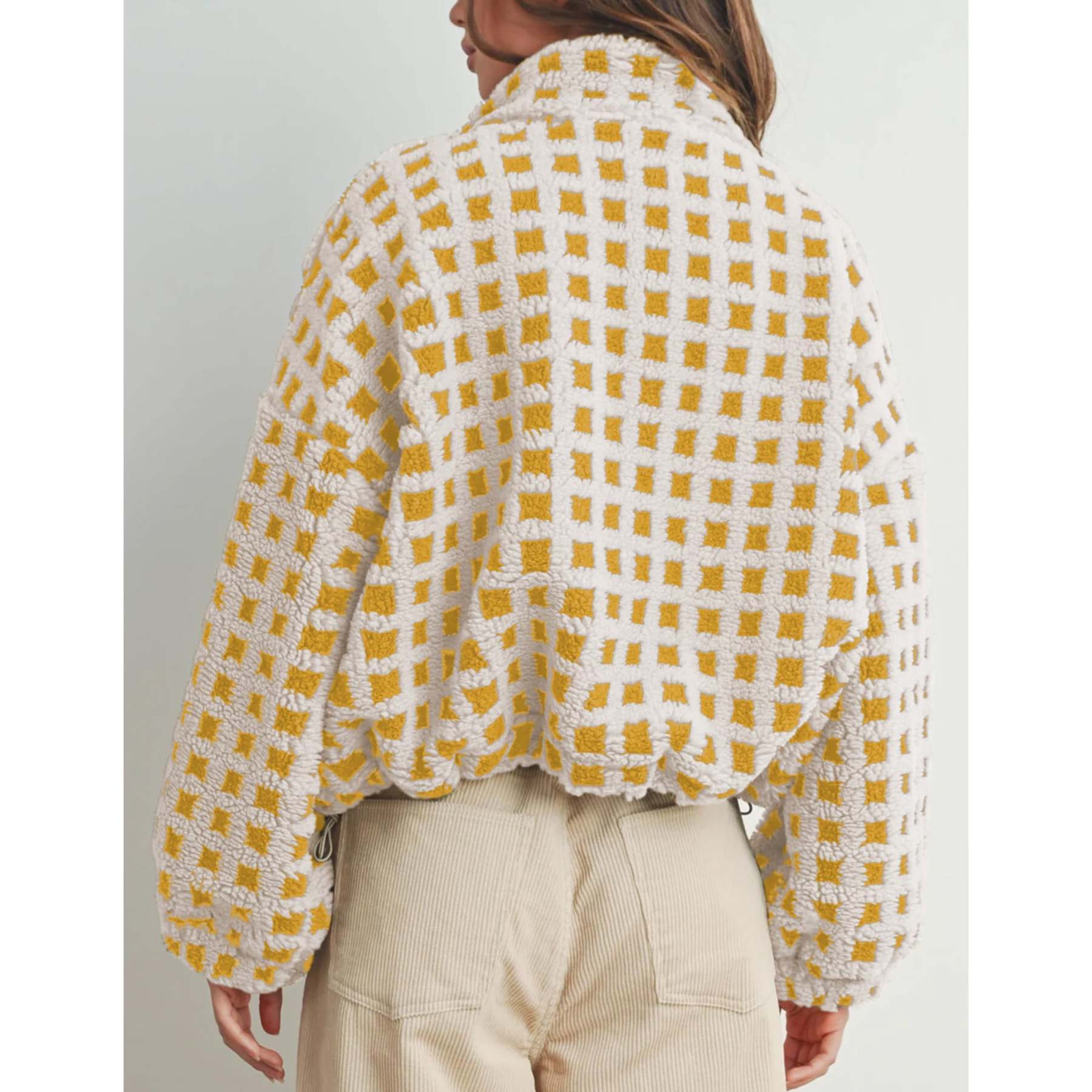 Women's Sherpa Checkered Fleece Jacket Long Sleeve Coat Warm Zip Up Plaid Outwear with Pocket