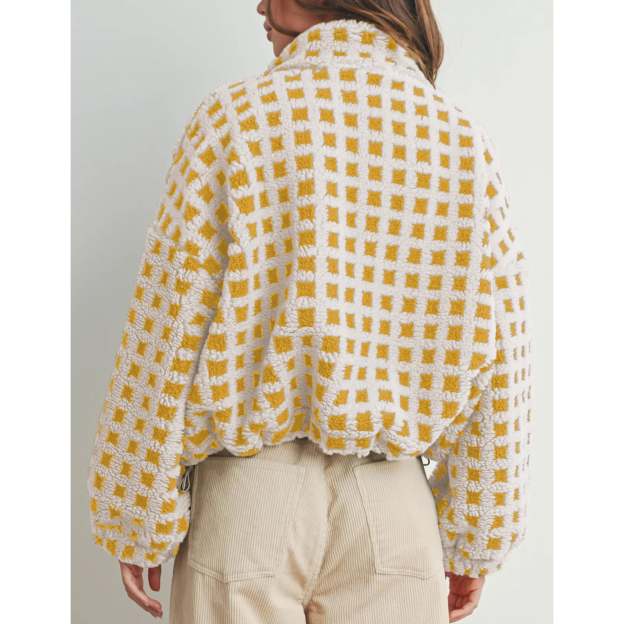 Women's Sherpa Checkered Fleece Jacket Long Sleeve Coat Warm Zip Up Plaid Outwear with Pocket