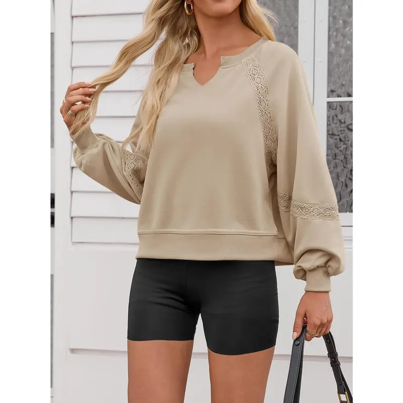 Womens Casual Sweatshirt Oversized Lantern Long Sleeve V Neck Lace Loose Fit Fall Pullover Tops（buy 2 free shipping）