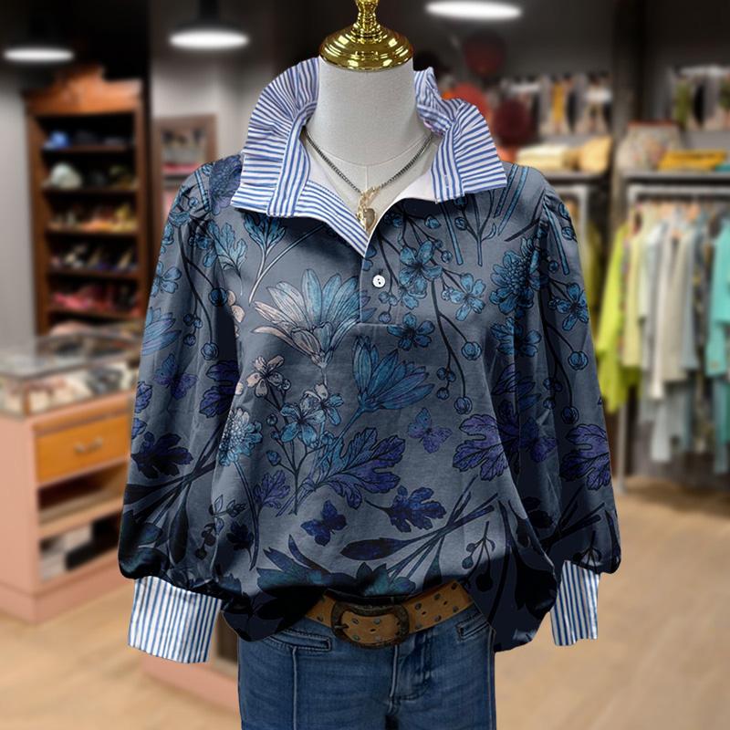 Vintage Floral Print Striped Collar Top(Buy 2 Free Shipping)