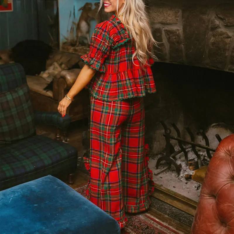 Women Pajama Set, Stripes/Plaid Short Sleeve Square Neck T-shirt with Pants Sleepwear Loungewear（buy 2 free shipping)