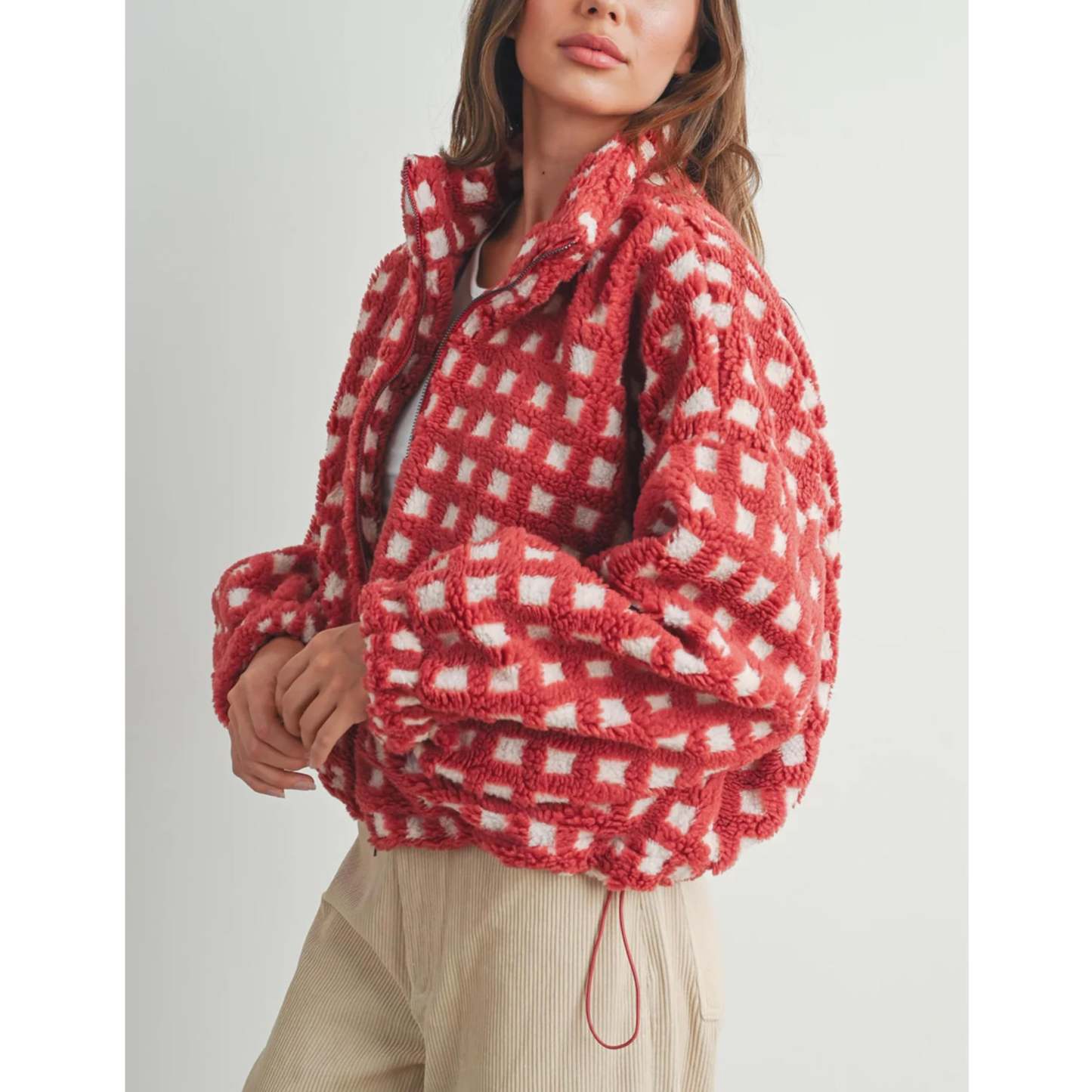 Women's Sherpa Checkered Fleece Jacket Long Sleeve Coat Warm Zip Up Plaid Outwear with Pocket