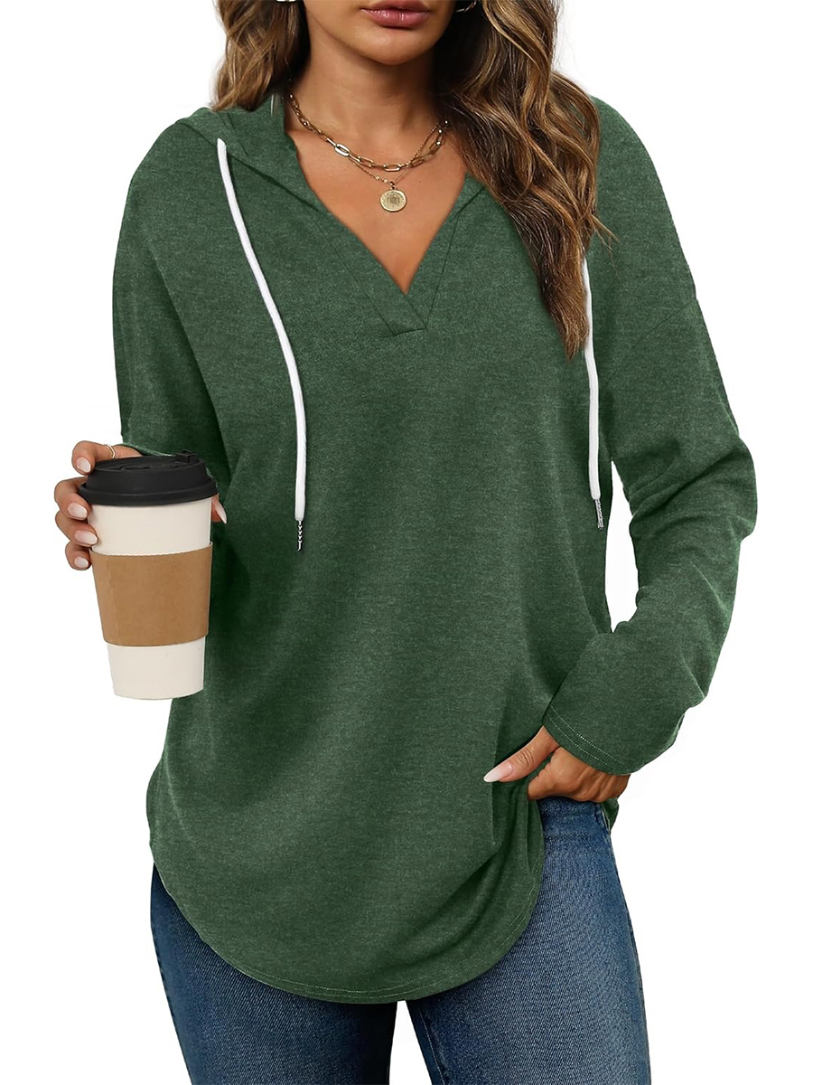 Women's Casual V Neck Long Sleeve Drawstring Hoodie Sweatshirts