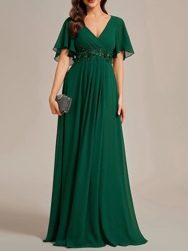 Flutter-Sleeve Appliqué A-Line Maxi Dress (Buy Two Free Shipping!!!)