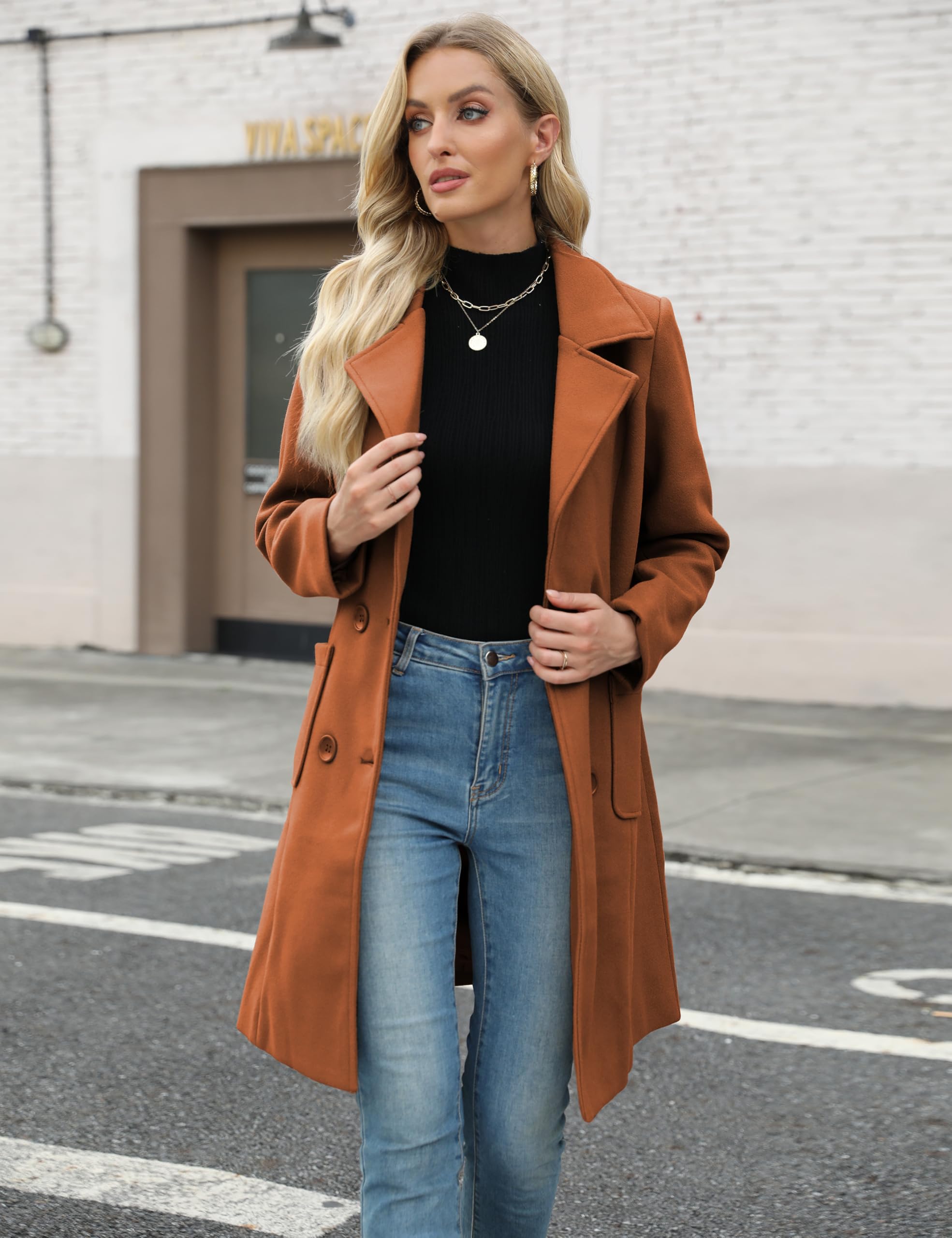 Women Winter Wool Blend Camel Mid-Long Coat Notch Double-Breasted Lapel Jacket Outwear