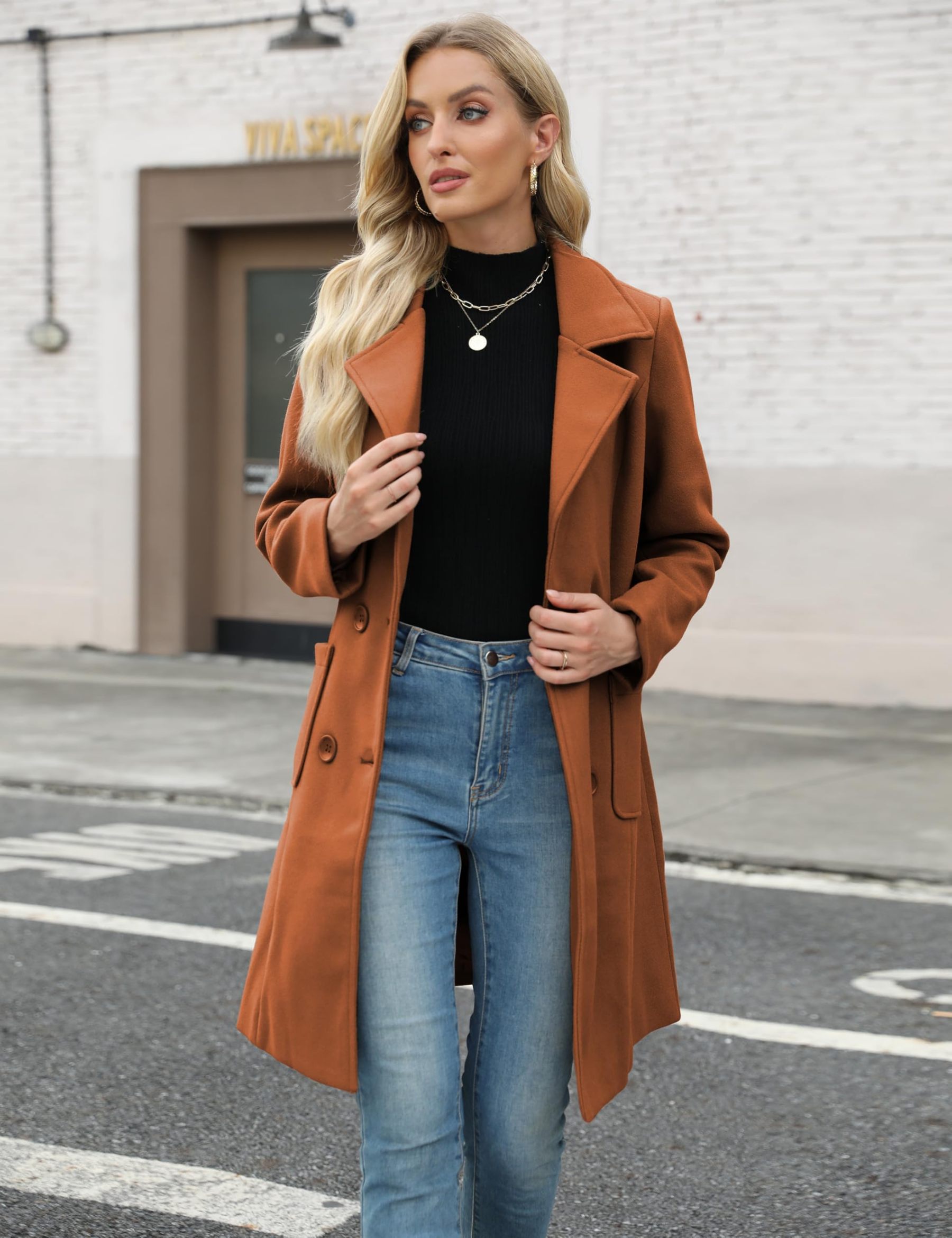 Women Winter Wool Blend Camel Mid-Long Coat Notch Double-Breasted Lapel Jacket Outwear