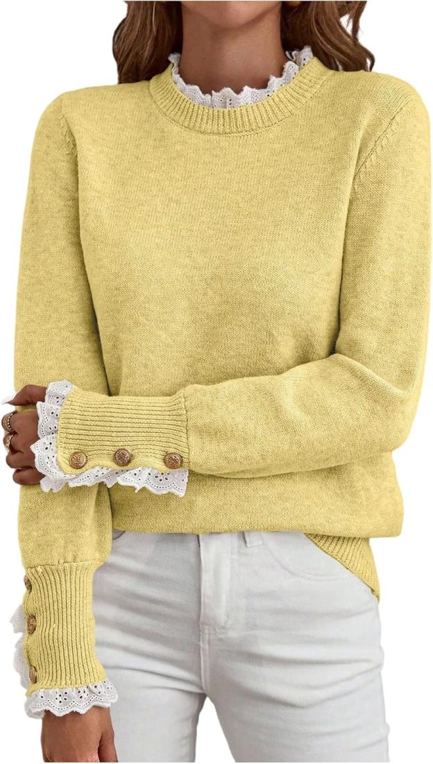 Women's Lace Peplum Mock Neck Sweater Soft Cozy Fall Pullover Top (BUY 2 FREE SHIPPING)