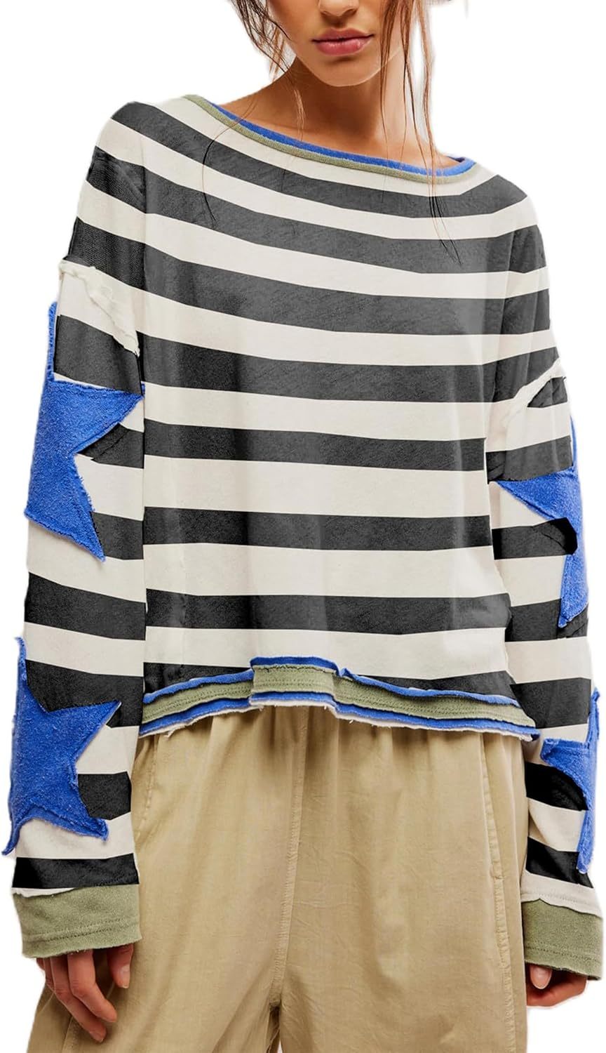 Women's Oversized Star Sweatshirt Long Sleeve Y2k Shirt Drop Shoulder Vintage Graphic Crewneck Jacket