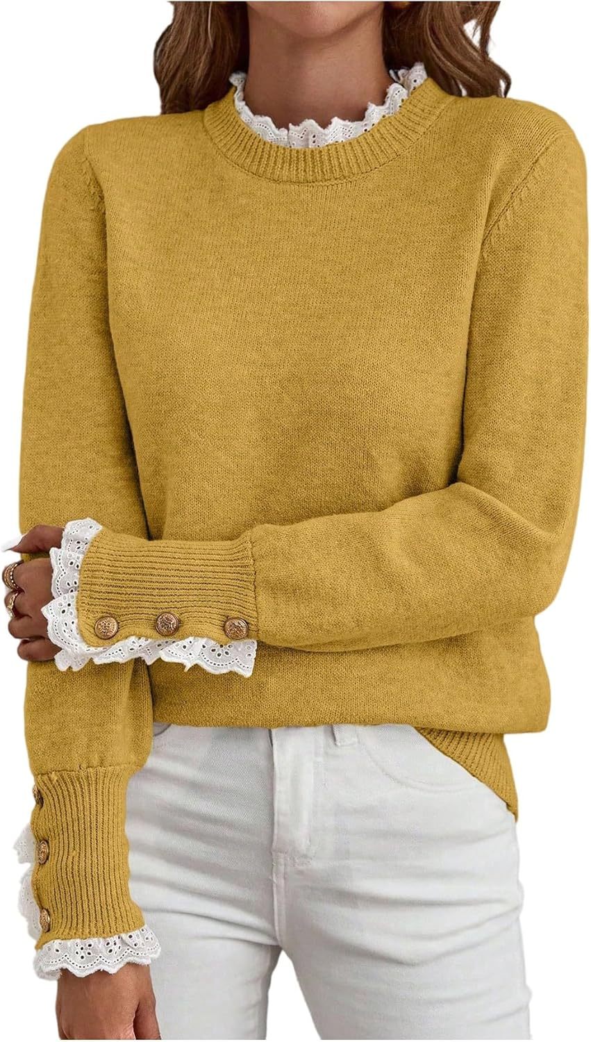 Women's Lace Peplum Mock Neck Sweater Soft Cozy Fall Pullover Top (BUY 2 FREE SHIPPING)