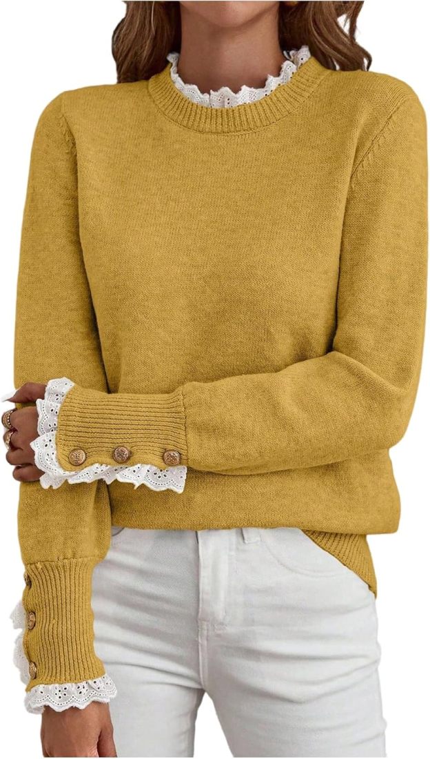 Women's Lace Peplum Mock Neck Sweater Soft Cozy Fall Pullover Top (BUY 2 FREE SHIPPING)