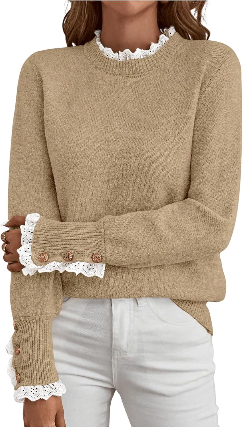 Women's Lace Peplum Mock Neck Sweater Soft Cozy Fall Pullover Top (BUY 2 FREE SHIPPING)