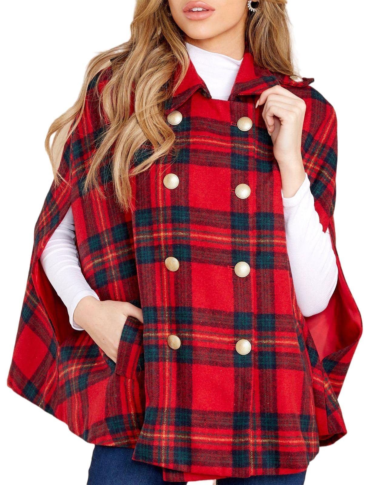 Women's Plaid Double Breasted Winter Cape Turn Down Poncho Coats(Buy 2