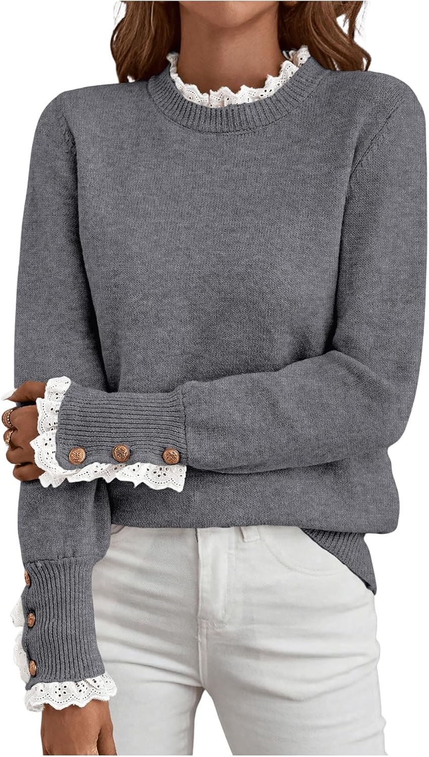 Women's Lace Peplum Mock Neck Sweater Soft Cozy Fall Pullover Top (BUY 2 FREE SHIPPING)