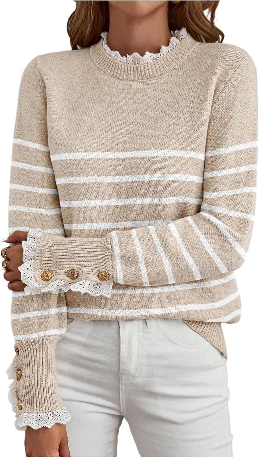 Women's Lace Peplum Mock Neck Sweater Soft Cozy Fall Pullover Top (BUY 2 FREE SHIPPING)