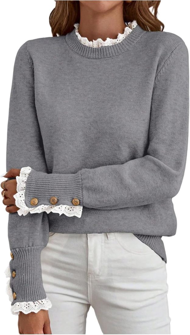 Women's Lace Peplum Mock Neck Sweater Soft Cozy Fall Pullover Top (BUY 2 FREE SHIPPING)