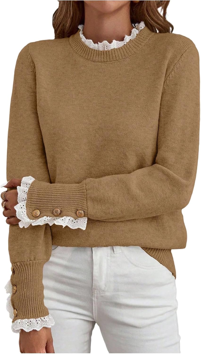 Women's Lace Peplum Mock Neck Sweater Soft Cozy Fall Pullover Top (BUY 2 FREE SHIPPING)