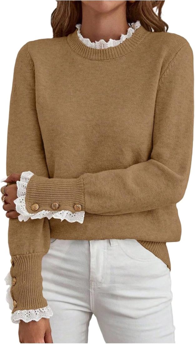 Women's Lace Peplum Mock Neck Sweater Soft Cozy Fall Pullover Top (BUY 2 FREE SHIPPING)