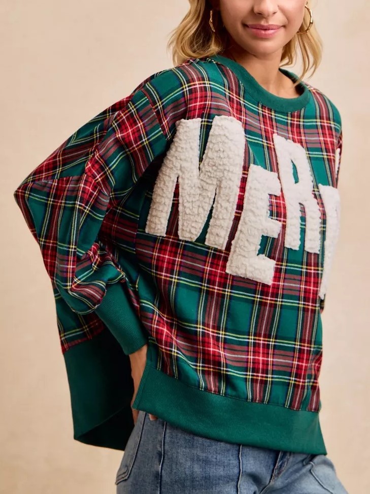 "MERRY" Fuzzy Letter Patches Christmas Plaid Sweatshirt