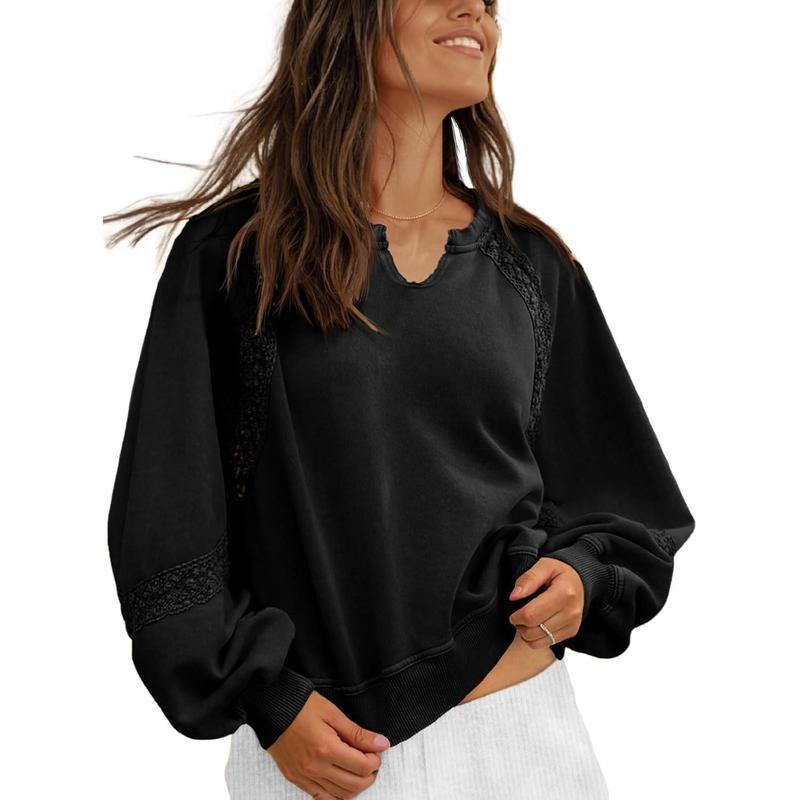 Womens Casual Sweatshirt Oversized Lantern Long Sleeve V Neck Lace Loose Fit Fall Pullover Tops（buy 2 free shipping）