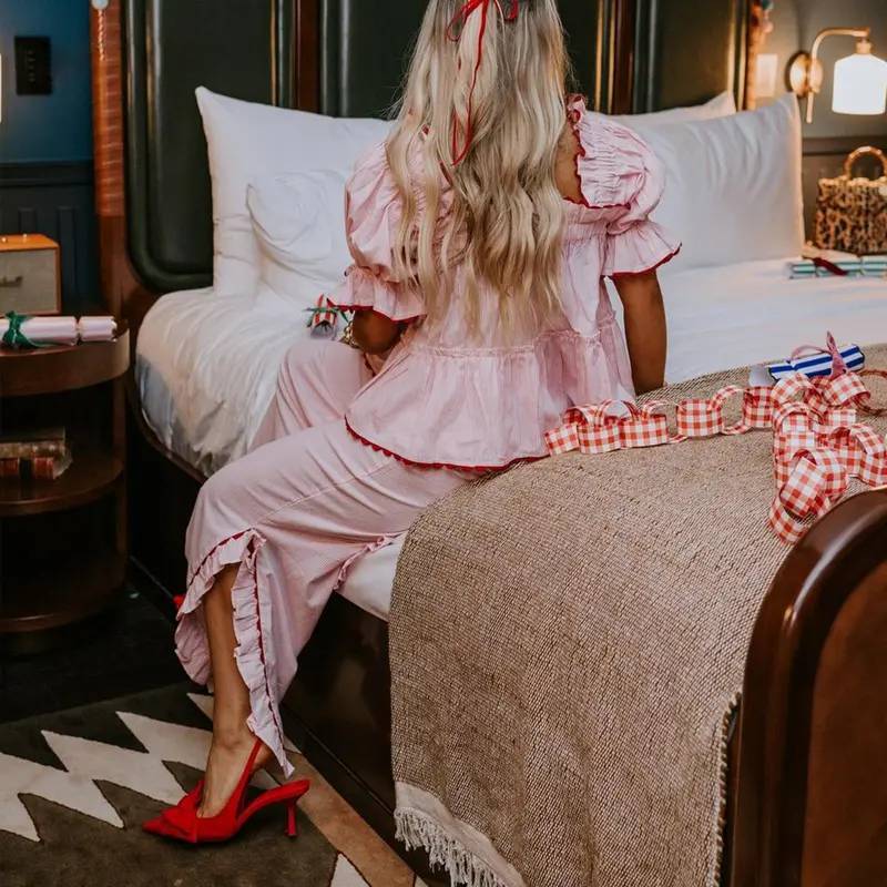 Women Pajama Set, Stripes/Plaid Short Sleeve Square Neck T-shirt with Pants Sleepwear Loungewear（buy 2 free shipping)