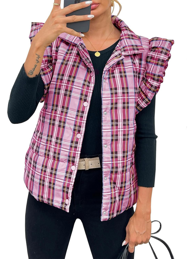 Women's Plaid Ruffle Sleeveless Lightweight Quilted Vest Coats