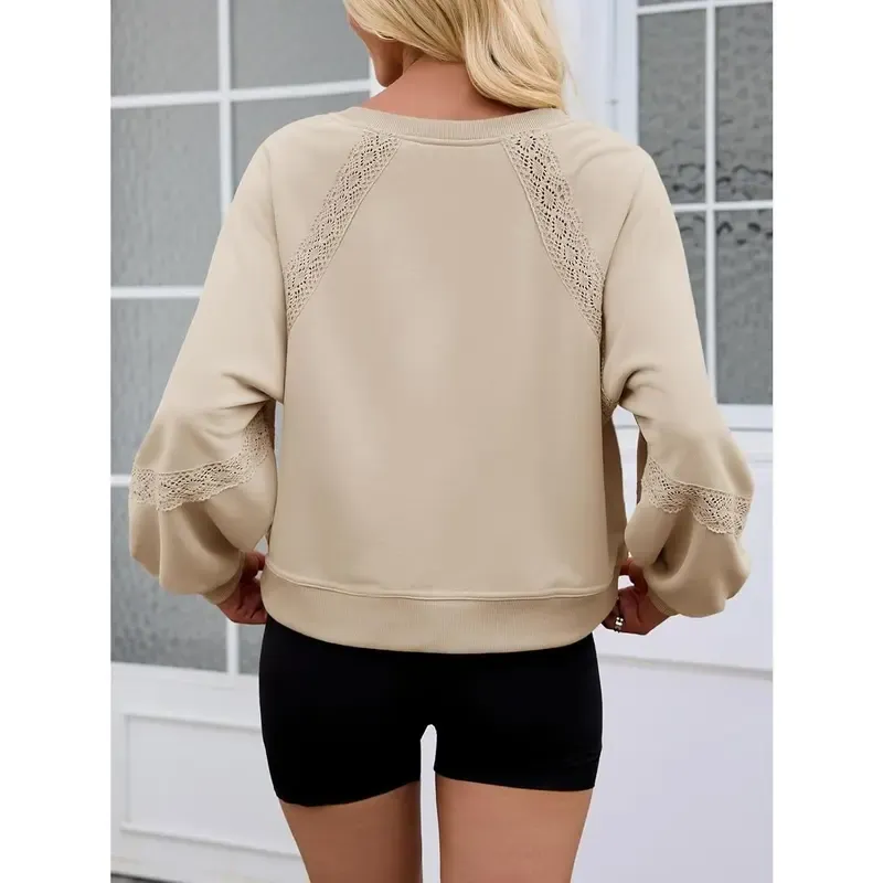 Womens Casual Sweatshirt Oversized Lantern Long Sleeve V Neck Lace Loose Fit Fall Pullover Tops（buy 2 free shipping）