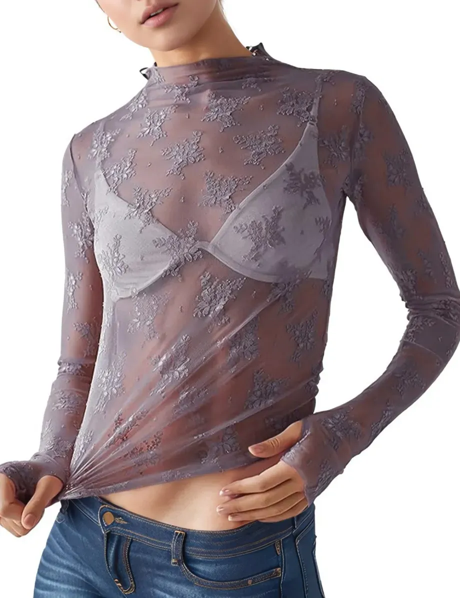 Women Long Sleeve Tops Sheer Lace Basic Shirt Casual Pullover For Fall Club Streetwear Aesthetic Clothes（BUY 3 FREE SHIPPING)