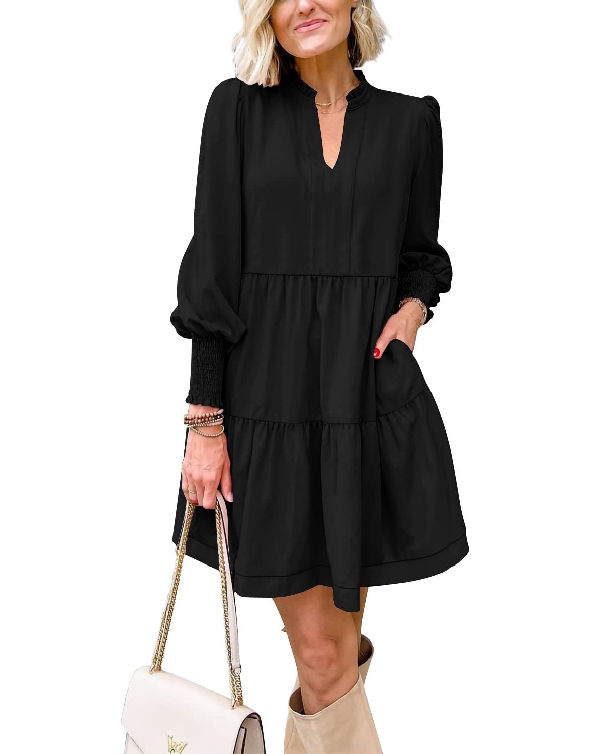 Women's  Casual V Neck Fall Long Sleeve Loose Ruffle Tiered Dress
