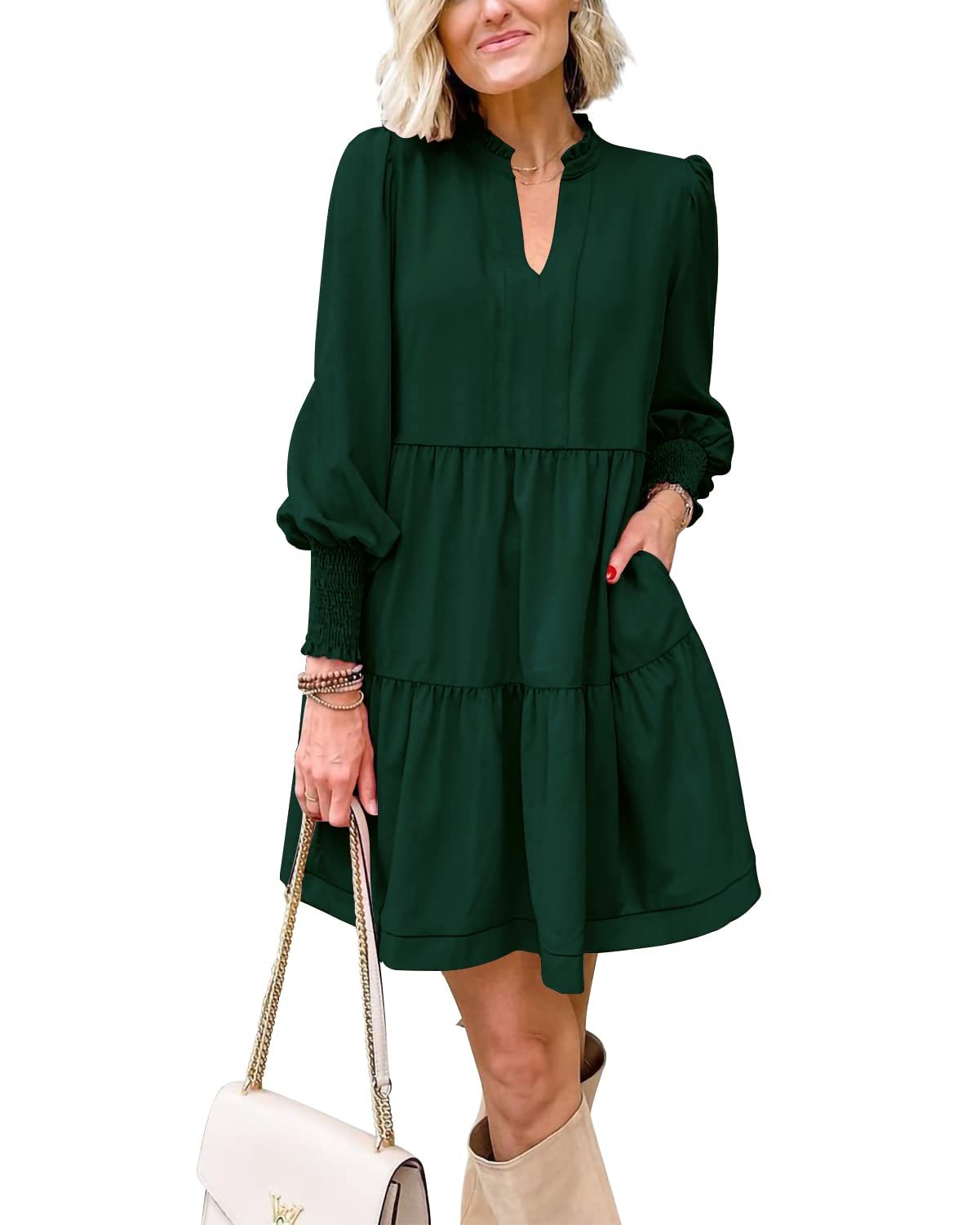 Women's  Casual V Neck Fall Long Sleeve Loose Ruffle Tiered Dress
