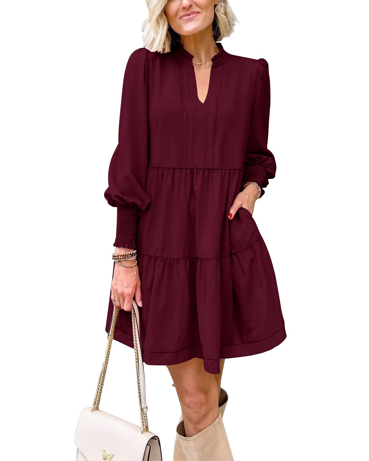 Women's  Casual V Neck Fall Long Sleeve Loose Ruffle Tiered Dress