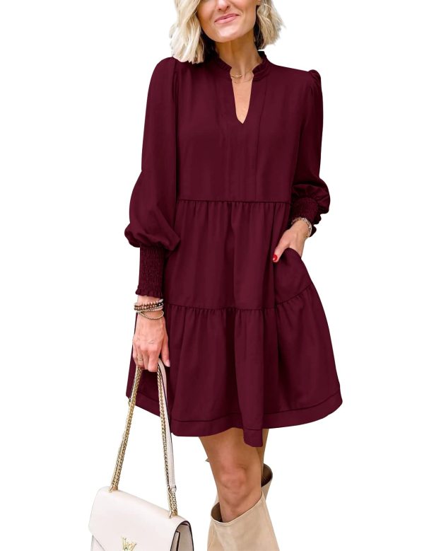 Women's  Casual V Neck Fall Long Sleeve Loose Ruffle Tiered Dress