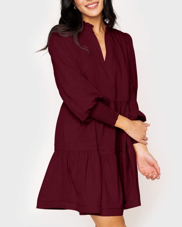 Women's  Casual V Neck Fall Long Sleeve Loose Ruffle Tiered Dress