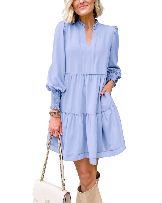 Women's  Casual V Neck Fall Long Sleeve Loose Ruffle Tiered Dress