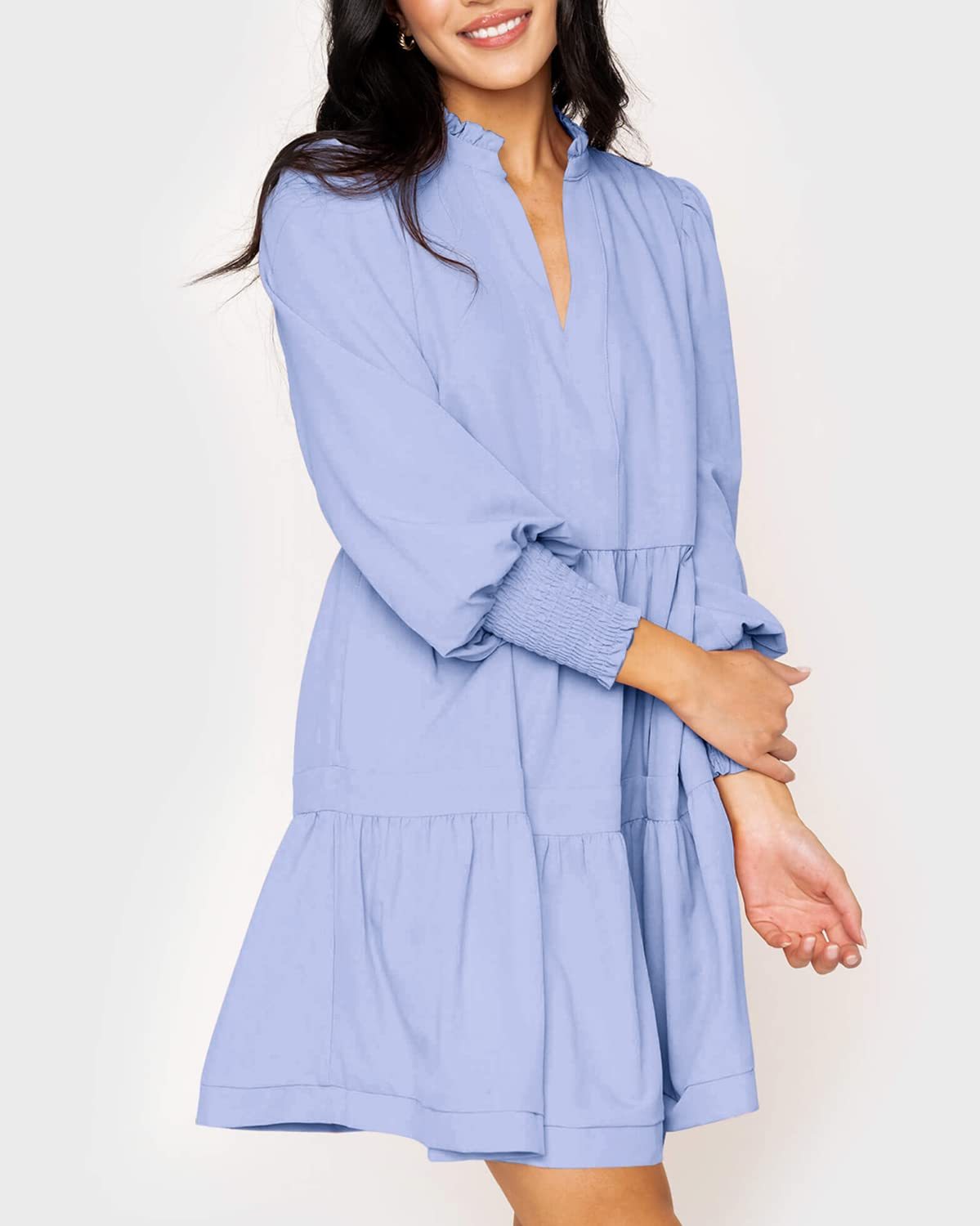 Women's  Casual V Neck Fall Long Sleeve Loose Ruffle Tiered Dress
