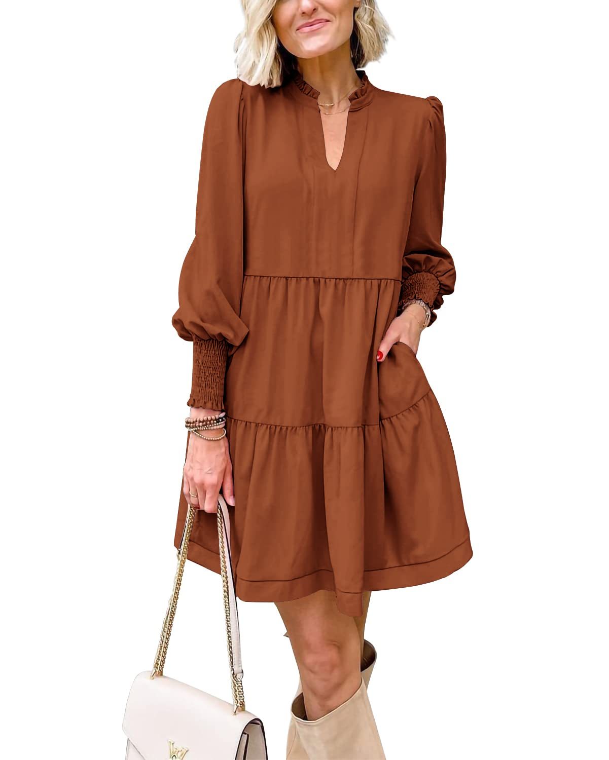 Women's Casual V Neck Fall Long Sleeve Loose Ruffle Tiered Dress