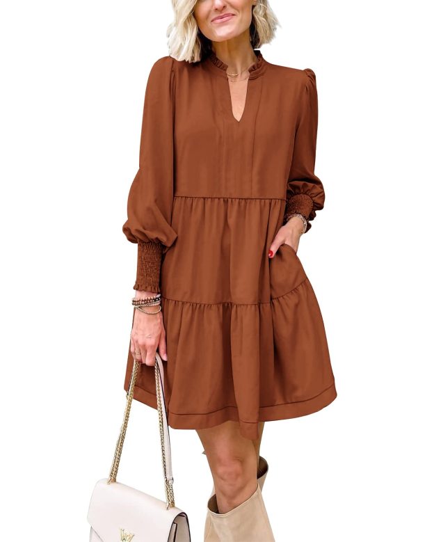 Women's  Casual V Neck Fall Long Sleeve Loose Ruffle Tiered Dress